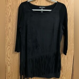 INC International Concepts Black Asymmetrical Fringe 3/4 Sleeve Top Women’s M